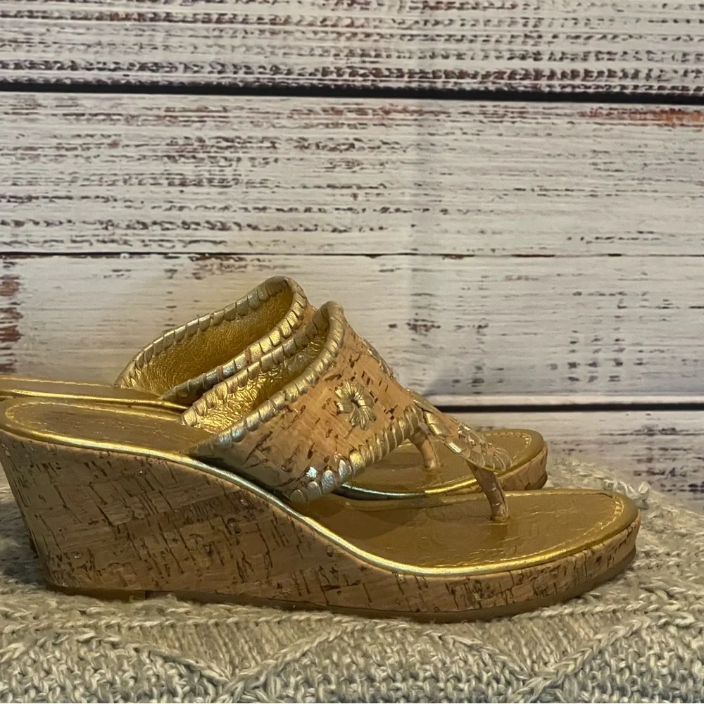 Gold Cork Wedge Thong Sandals - Women's Metallic Gold